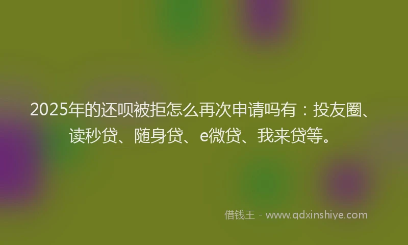 2025年的还呗被拒怎么再次申请吗有：投友圈、读秒贷、随身贷、e微贷、我来贷等。