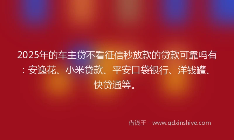 2025年的车主贷不看征信秒放款的贷款可靠吗有：安逸花、小米贷款、平安口袋银行、洋钱罐、快贷通等。