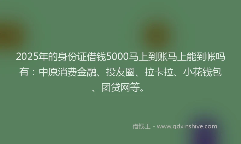 2025年的身份证借钱5000马上到账马上能到帐吗有：中原消费金融、投友圈、拉卡拉、小花钱包、团贷网等。