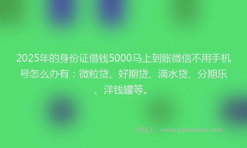 2025年的身份证借钱5000马上到账微信不用手机号怎么办有：微粒贷、好期贷、滴水贷、分期乐、洋钱罐等。