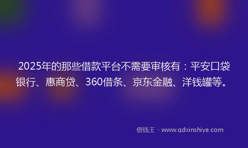 2025年的那些借款平台不需要审核有：平安口袋银行、惠商贷、360借条、京东金融、洋钱罐等。