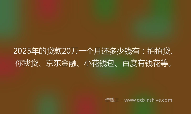 2025年的贷款20万一个月还多少钱有：拍拍贷、你我贷、京东金融、小花钱包、百度有钱花等。
