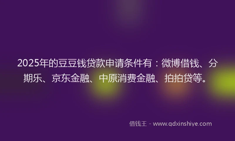 2025年的豆豆钱贷款申请条件有：微博借钱、分期乐、京东金融、中原消费金融、拍拍贷等。
