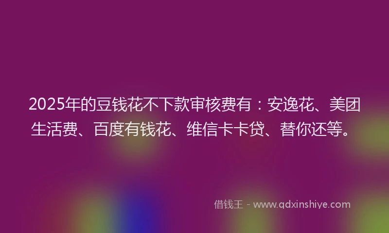 2025年的豆钱花不下款审核费有：安逸花、美团生活费、百度有钱花、维信卡卡贷、替你还等。