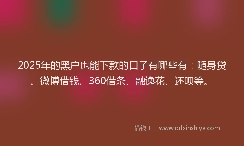 2025年的黑户也能下款的口子有哪些有：随身贷、微博借钱、360借条、融逸花、还呗等。