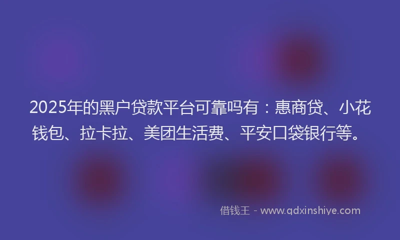 2025年的黑户贷款平台可靠吗有：惠商贷、小花钱包、拉卡拉、美团生活费、平安口袋银行等。