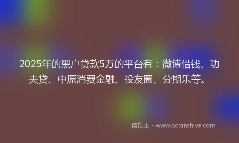 2025年的黑户贷款5万的平台有：微博借钱、功夫贷、中原消费金融、投友圈、分期乐等。
