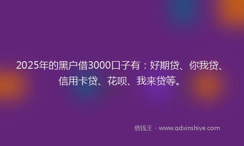 2025年的黑户借3000口子有：好期贷、你我贷、信用卡贷、花呗、我来贷等。