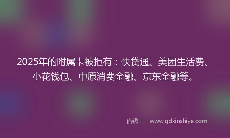 2025年的附属卡被拒有：快贷通、美团生活费、小花钱包、中原消费金融、京东金融等。