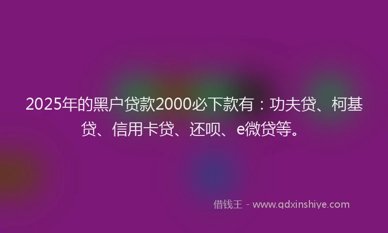 2025年的黑户贷款2000必下款有：功夫贷、柯基贷、信用卡贷、还呗、e微贷等。