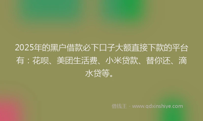 2025年的黑户借款必下口子大额直接下款的平台有：花呗、美团生活费、小米贷款、替你还、滴水贷等。