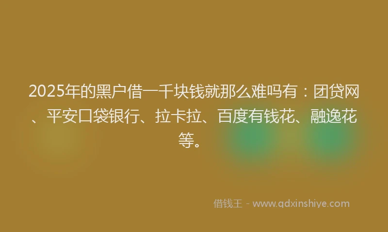 2025年的黑户借一千块钱就那么难吗有：团贷网、平安口袋银行、拉卡拉、百度有钱花、融逸花等。