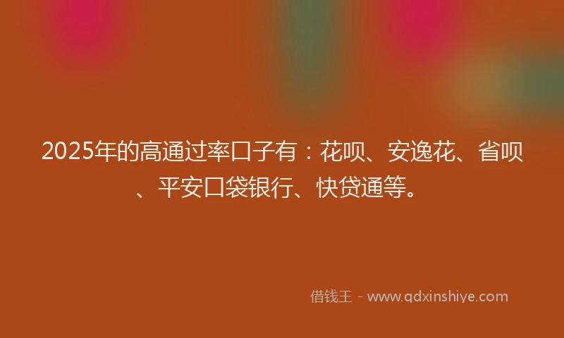 2025年的高通过率口子有：花呗、安逸花、省呗、平安口袋银行、快贷通等。