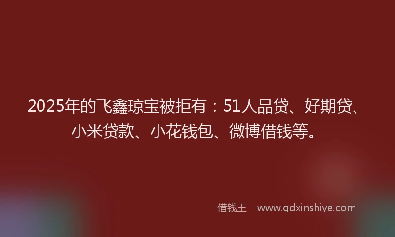 2025年的飞鑫琼宝被拒有：51人品贷、好期贷、小米贷款、小花钱包、微博借钱等。