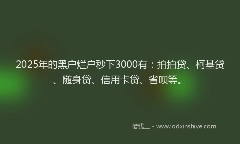 2025年的黑户烂户秒下3000有：拍拍贷、柯基贷、随身贷、信用卡贷、省呗等。