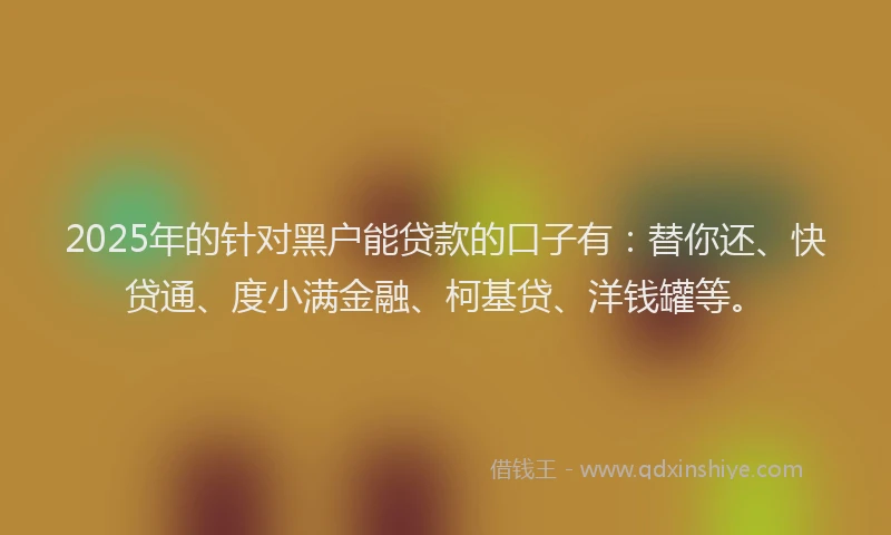 2025年的针对黑户能贷款的口子有：替你还、快贷通、度小满金融、柯基贷、洋钱罐等。