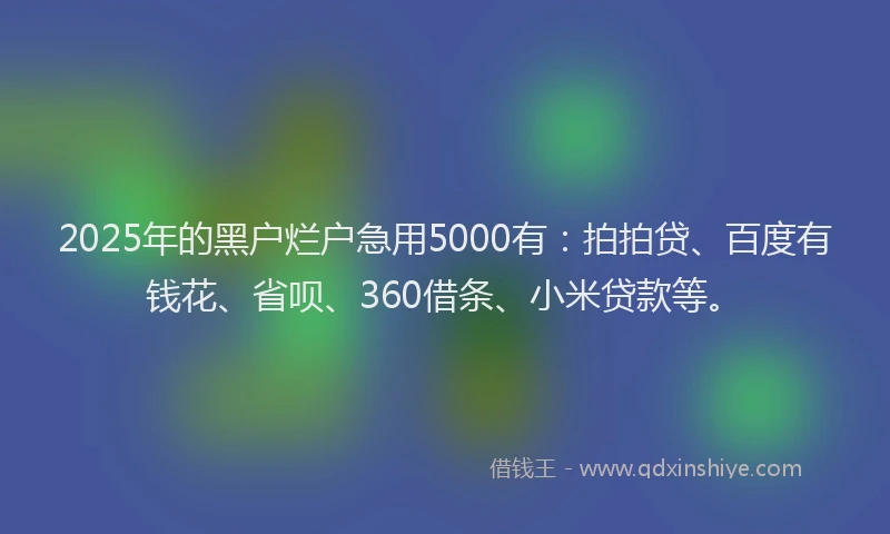 2025年的黑户烂户急用5000有：拍拍贷、百度有钱花、省呗、360借条、小米贷款等。