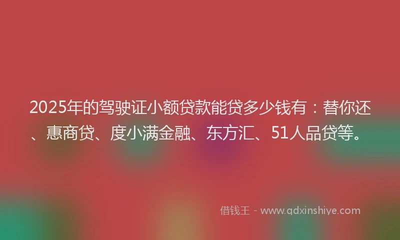 2025年的驾驶证小额贷款能贷多少钱有：替你还、惠商贷、度小满金融、东方汇、51人品贷等。