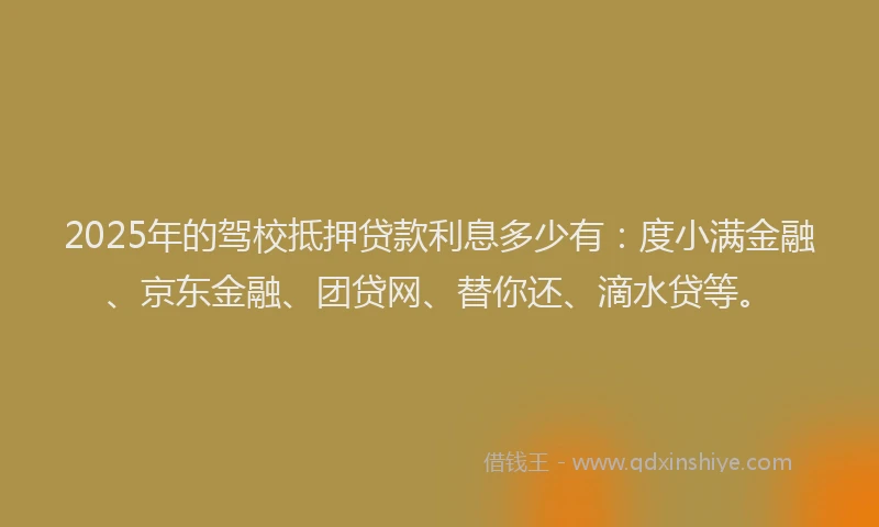 2025年的驾校抵押贷款利息多少有：度小满金融、京东金融、团贷网、替你还、滴水贷等。