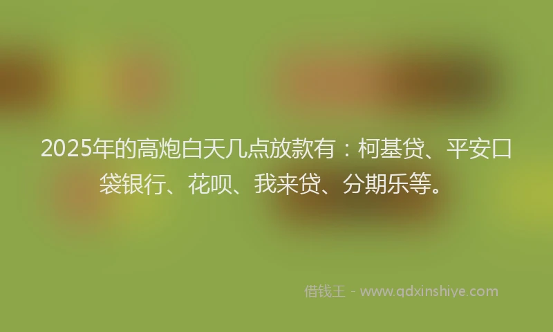 2025年的高炮白天几点放款有：柯基贷、平安口袋银行、花呗、我来贷、分期乐等。