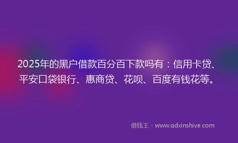 2025年的黑户借款百分百下款吗有：信用卡贷、平安口袋银行、惠商贷、花呗、百度有钱花等。