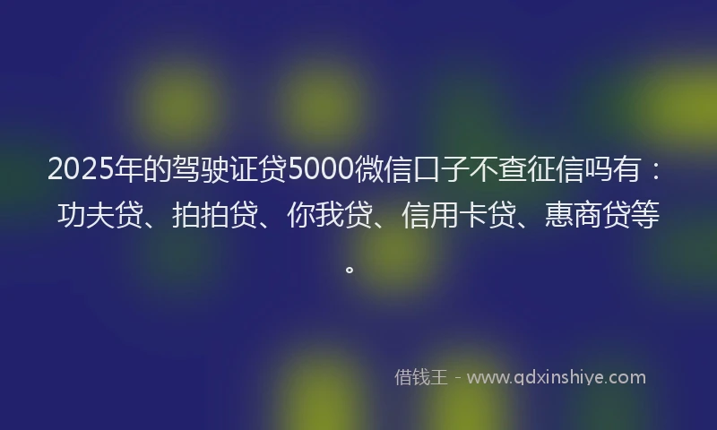 2025年的驾驶证贷5000微信口子不查征信吗有：功夫贷、拍拍贷、你我贷、信用卡贷、惠商贷等。