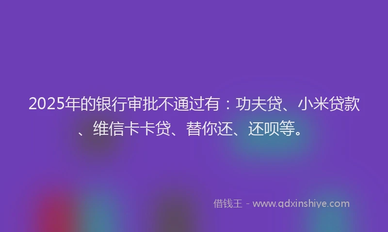 2025年的银行审批不通过有：功夫贷、小米贷款、维信卡卡贷、替你还、还呗等。