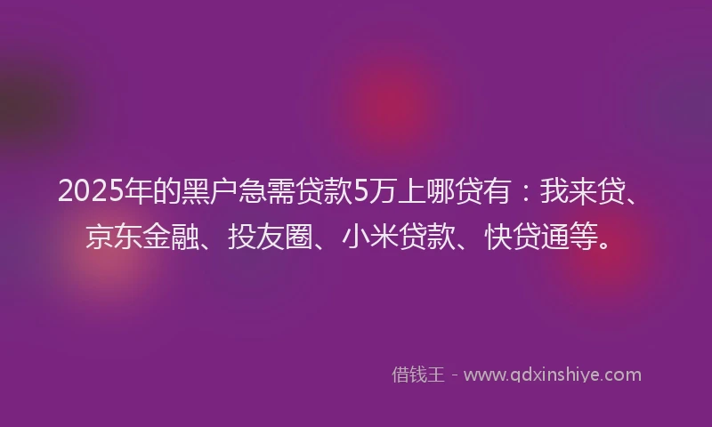 2025年的黑户急需贷款5万上哪贷有：我来贷、京东金融、投友圈、小米贷款、快贷通等。