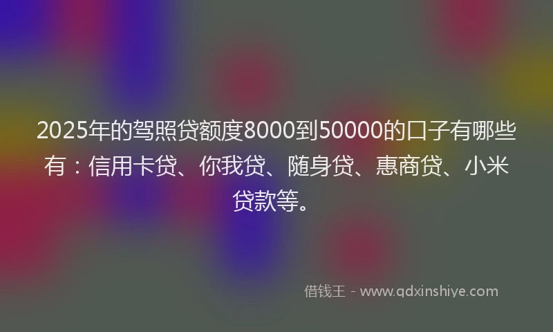 2025年的驾照贷额度8000到50000的口子有哪些有：信用卡贷、你我贷、随身贷、惠商贷、小米贷款等。