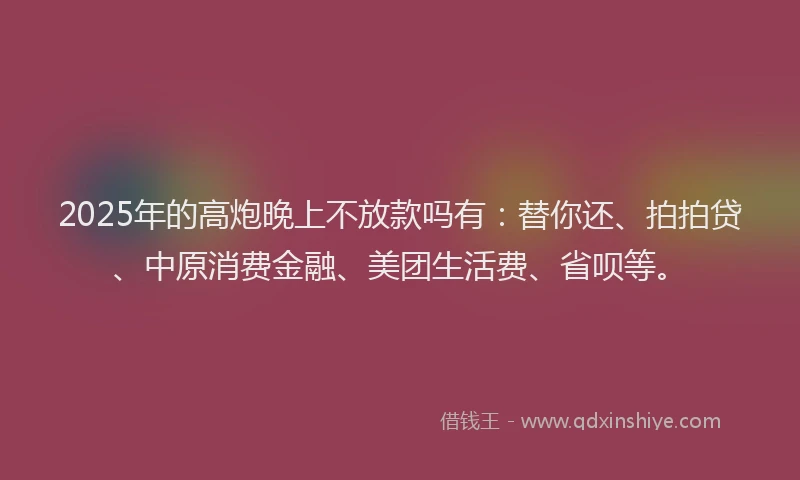 2025年的高炮晚上不放款吗有：替你还、拍拍贷、中原消费金融、美团生活费、省呗等。