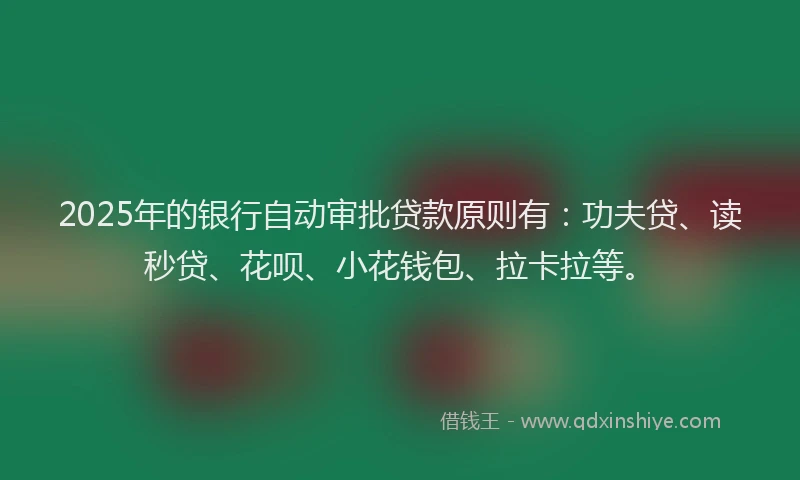 2025年的银行自动审批贷款原则有：功夫贷、读秒贷、花呗、小花钱包、拉卡拉等。
