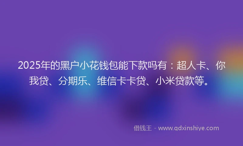 2025年的黑户小花钱包能下款吗有：超人卡、你我贷、分期乐、维信卡卡贷、小米贷款等。