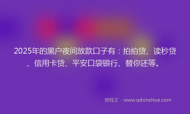 2025年的黑户夜间放款口子有：拍拍贷、读秒贷、信用卡贷、平安口袋银行、替你还等。