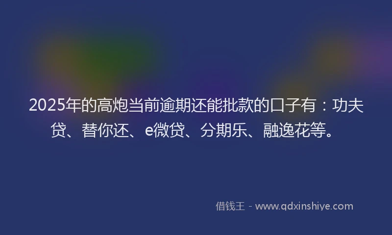2025年的高炮当前逾期还能批款的口子有：功夫贷、替你还、e微贷、分期乐、融逸花等。