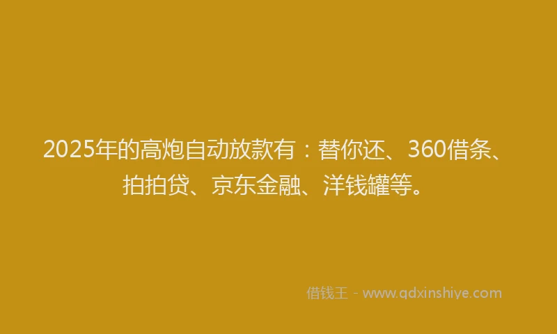2025年的高炮自动放款有：替你还、360借条、拍拍贷、京东金融、洋钱罐等。