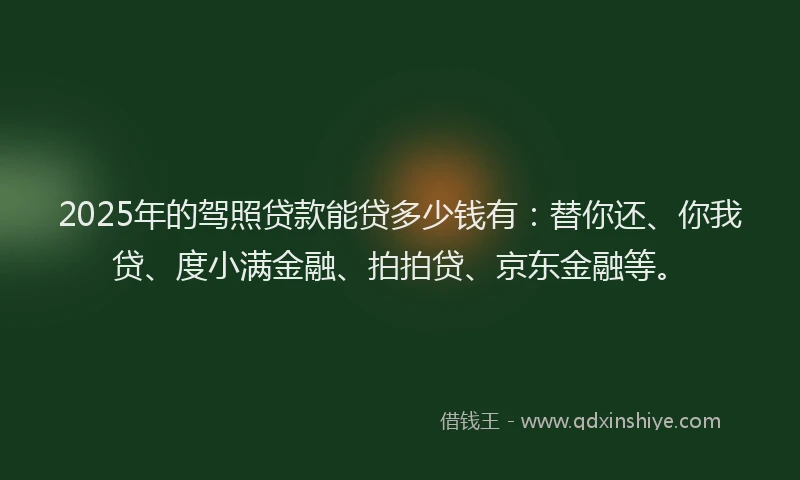 2025年的驾照贷款能贷多少钱有：替你还、你我贷、度小满金融、拍拍贷、京东金融等。