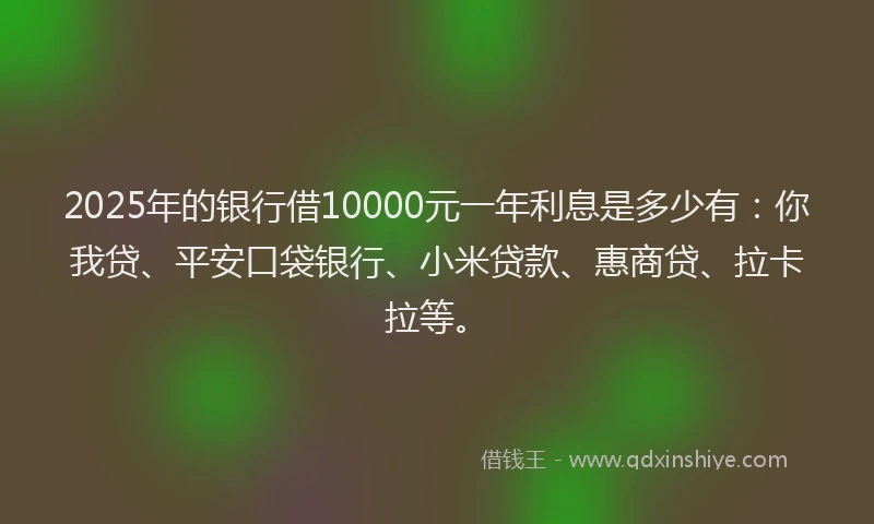2025年的银行借10000元一年利息是多少有：你我贷、平安口袋银行、小米贷款、惠商贷、拉卡拉等。