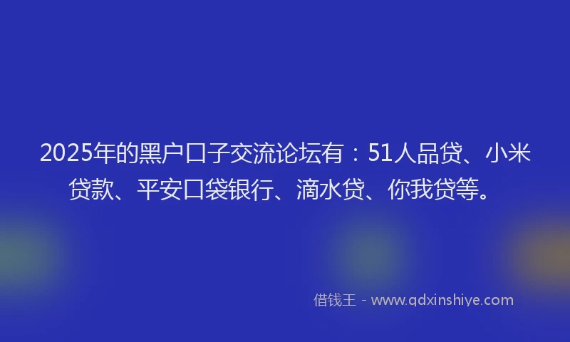 2025年的黑户口子交流论坛有：51人品贷、小米贷款、平安口袋银行、滴水贷、你我贷等。