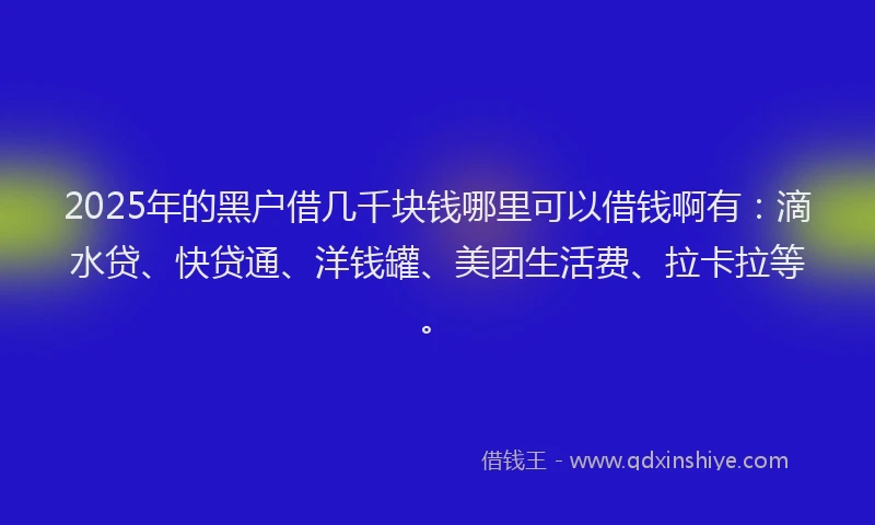 2025年的黑户借几千块钱哪里可以借钱啊有：滴水贷、快贷通、洋钱罐、美团生活费、拉卡拉等。