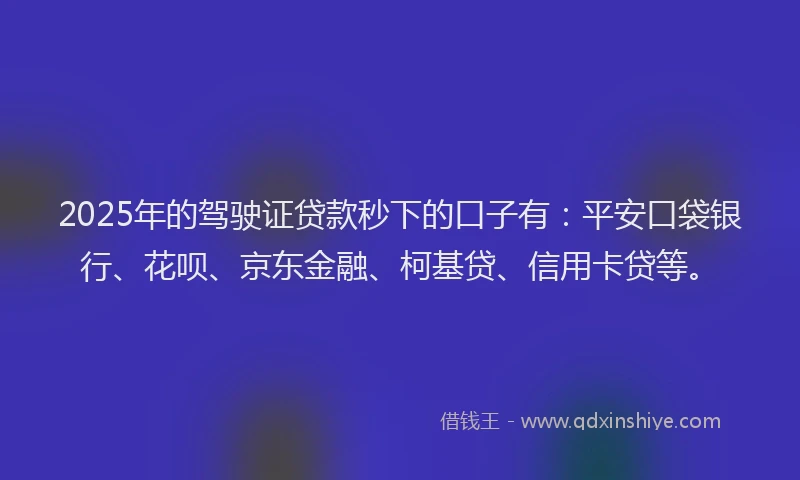 2025年的驾驶证贷款秒下的口子有：平安口袋银行、花呗、京东金融、柯基贷、信用卡贷等。