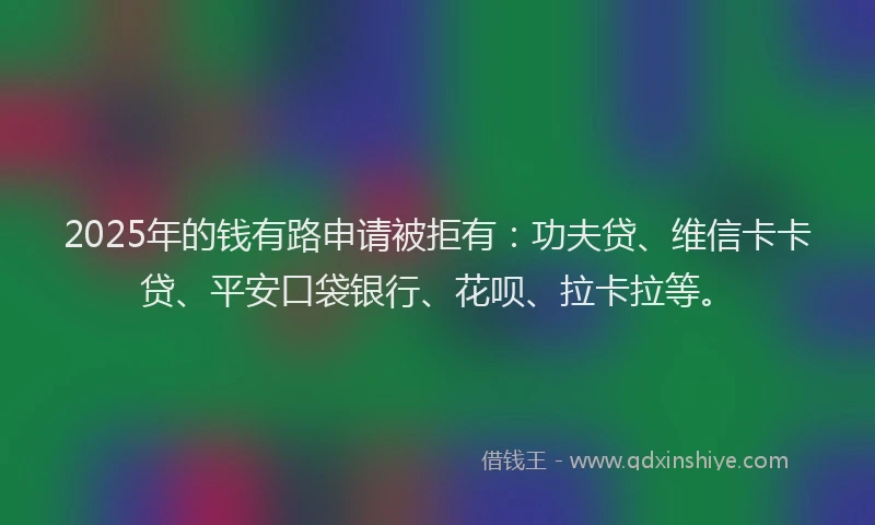 2025年的钱有路申请被拒有：功夫贷、维信卡卡贷、平安口袋银行、花呗、拉卡拉等。