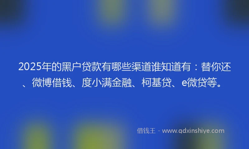 2025年的黑户贷款有哪些渠道谁知道有：替你还、微博借钱、度小满金融、柯基贷、e微贷等。