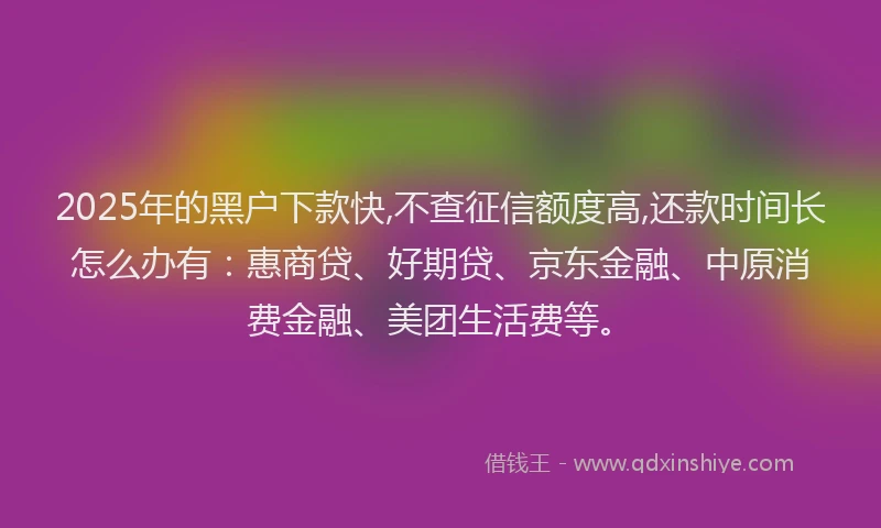 2025年的黑户下款快,不查征信额度高,还款时间长怎么办有：惠商贷、好期贷、京东金融、中原消费金融、美团生活费等。