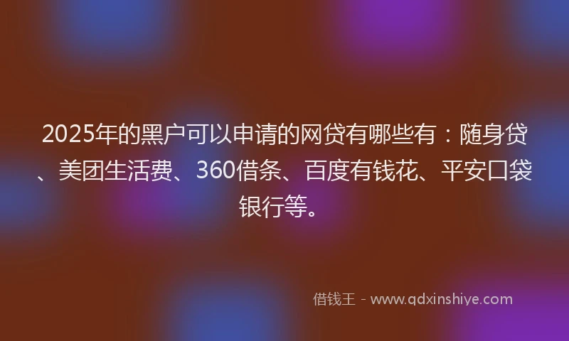 2025年的黑户可以申请的网贷有哪些有：随身贷、美团生活费、360借条、百度有钱花、平安口袋银行等。