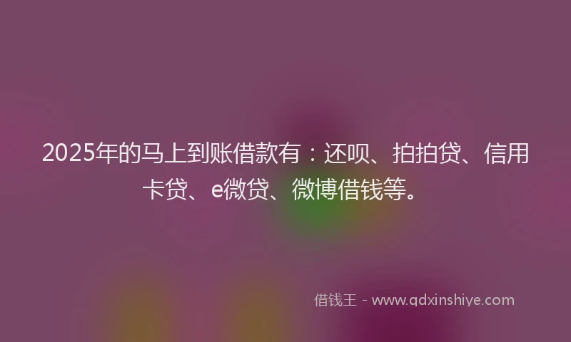 2025年的马上到账借款有：还呗、拍拍贷、信用卡贷、e微贷、微博借钱等。