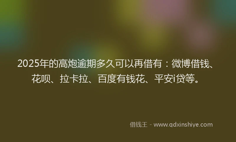 2025年的高炮逾期多久可以再借有：微博借钱、花呗、拉卡拉、百度有钱花、平安i贷等。