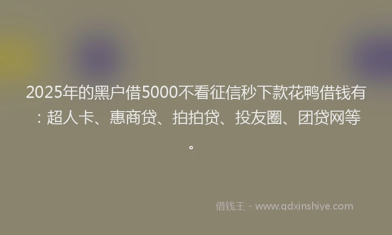 2025年的黑户借5000不看征信秒下款花鸭借钱有：超人卡、惠商贷、拍拍贷、投友圈、团贷网等。