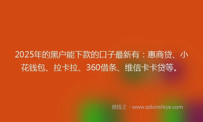 2025年的黑户能下款的口子最新有：惠商贷、小花钱包、拉卡拉、360借条、维信卡卡贷等。
