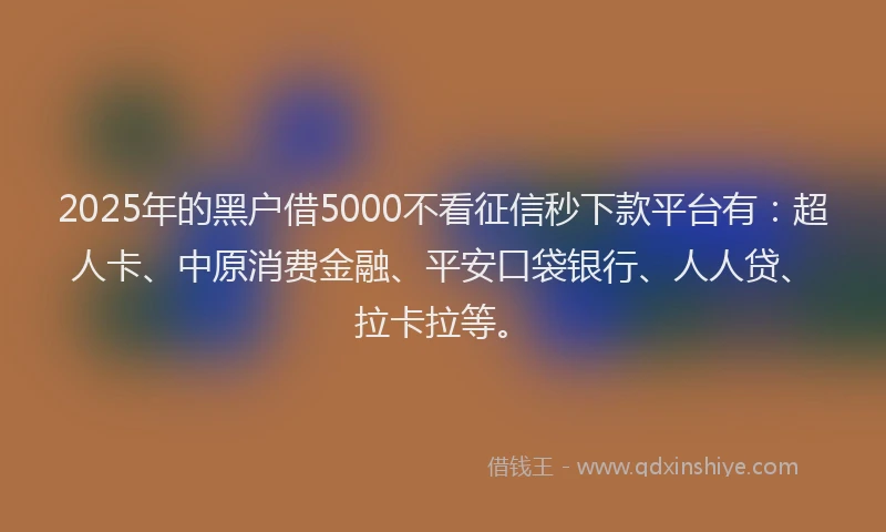 2025年的黑户借5000不看征信秒下款平台有：超人卡、中原消费金融、平安口袋银行、人人贷、拉卡拉等。