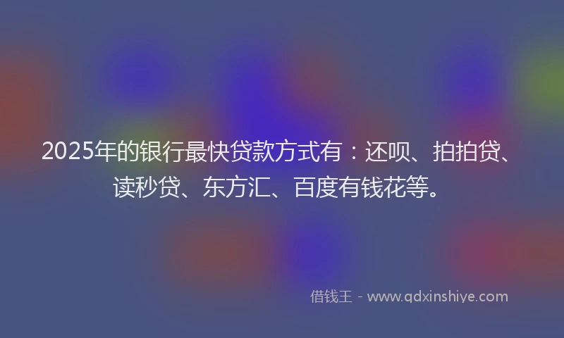2025年的银行最快贷款方式有：还呗、拍拍贷、读秒贷、东方汇、百度有钱花等。